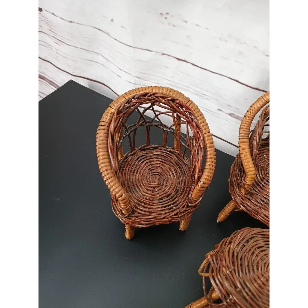 Vintage Miniature Doll 4-Pc Wicker Furniture Set Sofa + 2 Chairs & Table Handmad